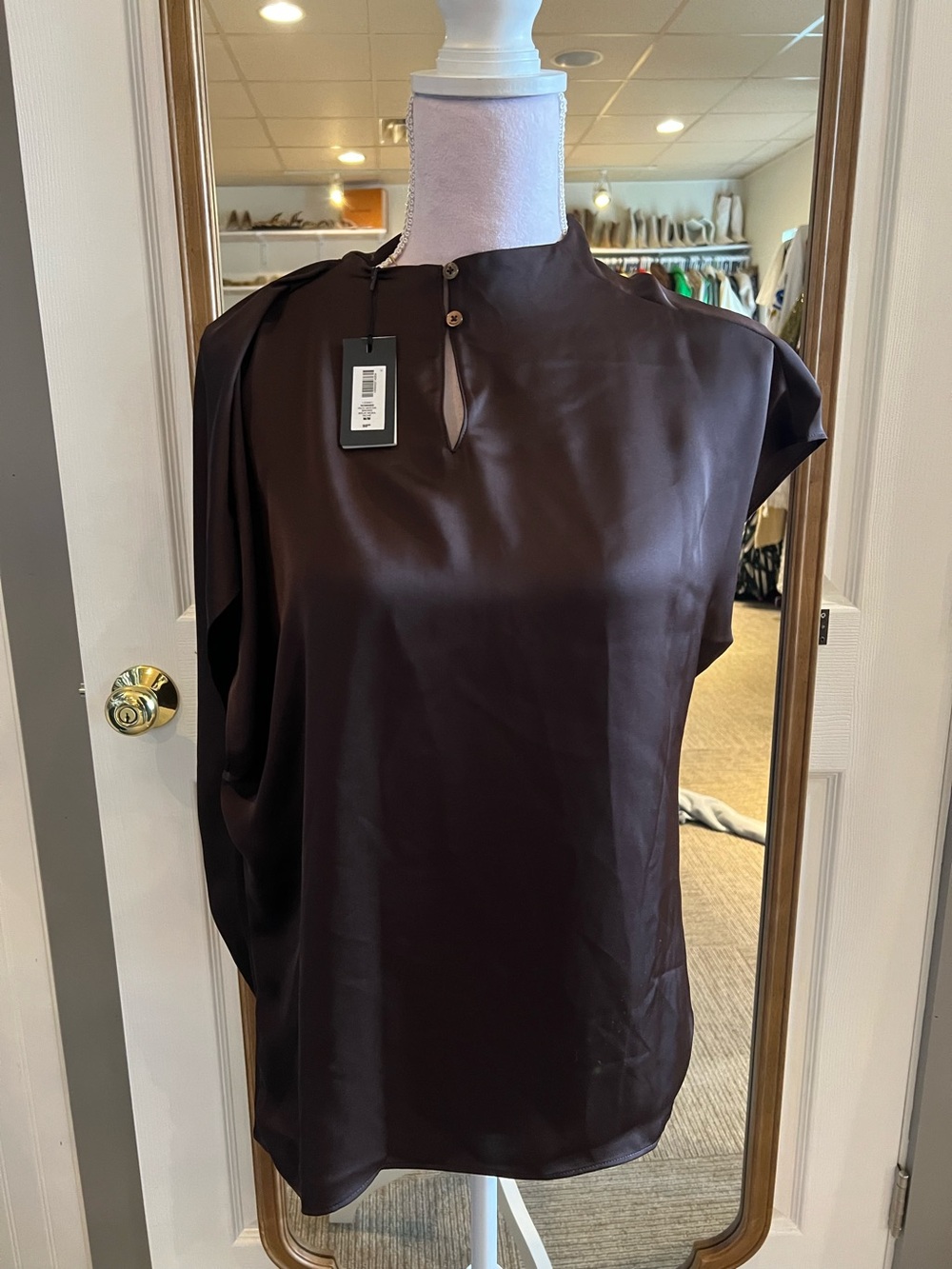 Aritzia Satin Cap-Sleeve Blouse in Dark Brown